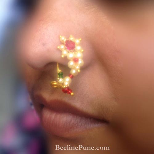 Maharashtrian Nath CZ Nose ring without piercing Pearl Gold Plated Nat –  JEWELOPIA